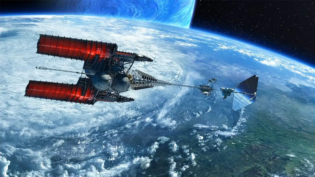 Futuristic spacecraft above Earth with a blue planet on the horizon