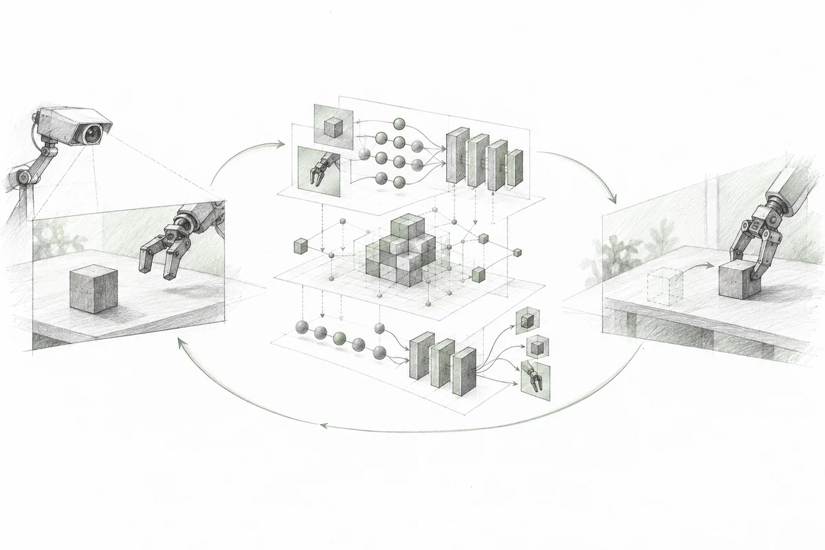 Conceptual pencil sketch of observations and actions feeding a world model that predicts a robot's interaction with objects