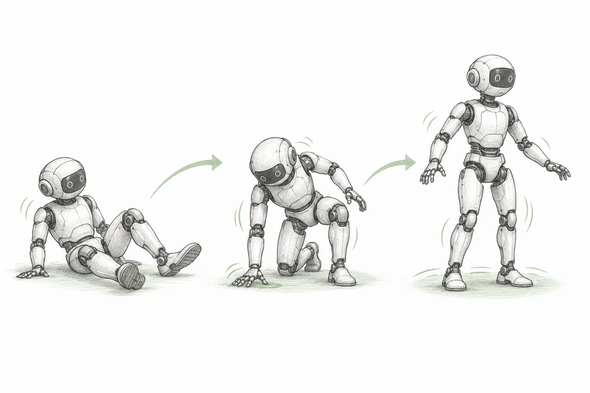 Pencil sketch of a robot progressing from sitting through kneeling to standing independently