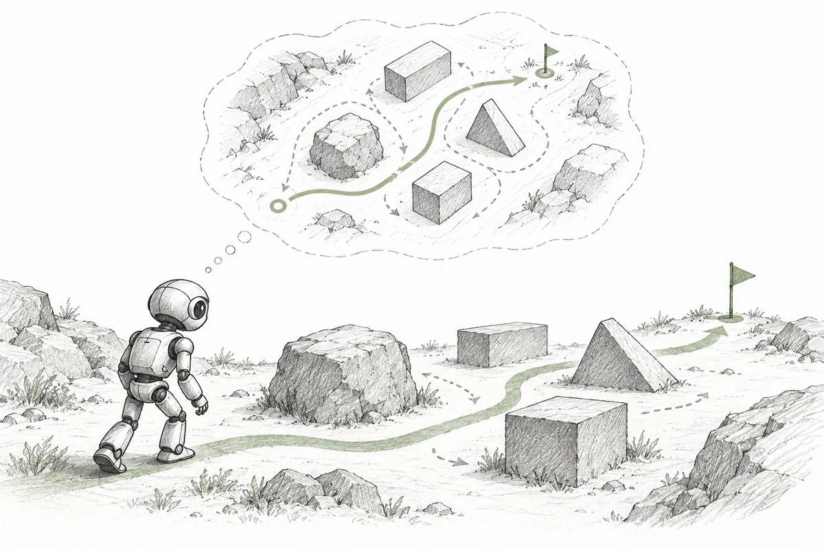 Pencil sketch of a robot imagining a route around obstacles before navigating toward a goal