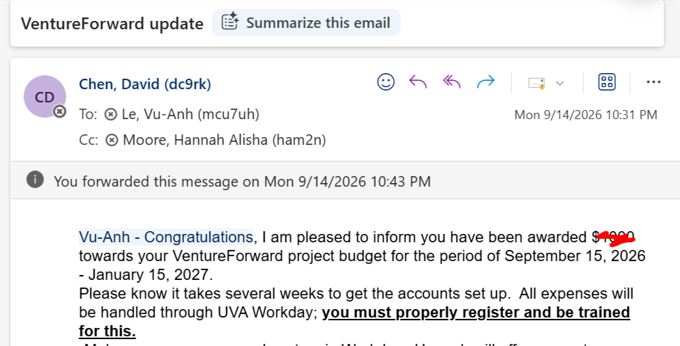 Email confirming my UVA VentureForward grant award and project funding period